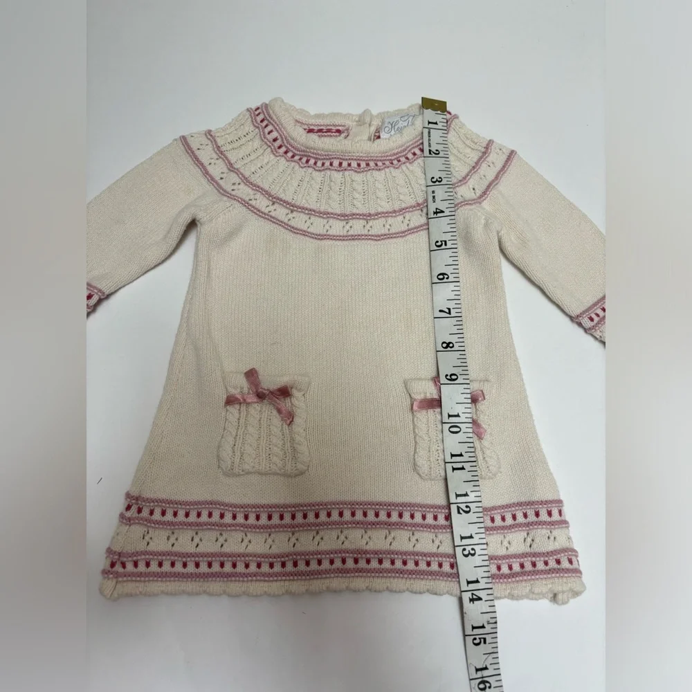 Heirlooms‎ by Polly Flinders knit sweater dress, cream pink bows 3-6 months